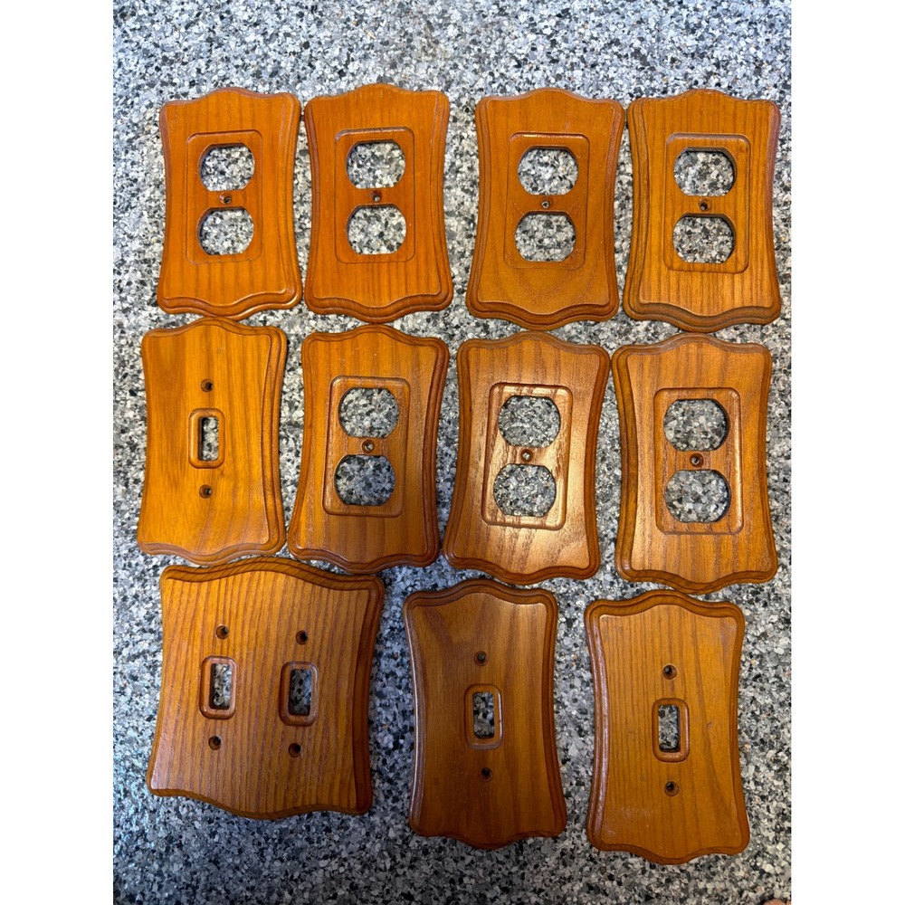AmerTac 11pc Oak Wood Wall Plate Set Scalloped Edge Duplex Toggle Switch Covers